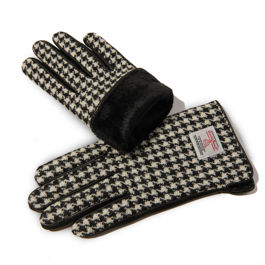 Damehansker med Harris Tweed® og ekte skinn - Svart & Hvitt