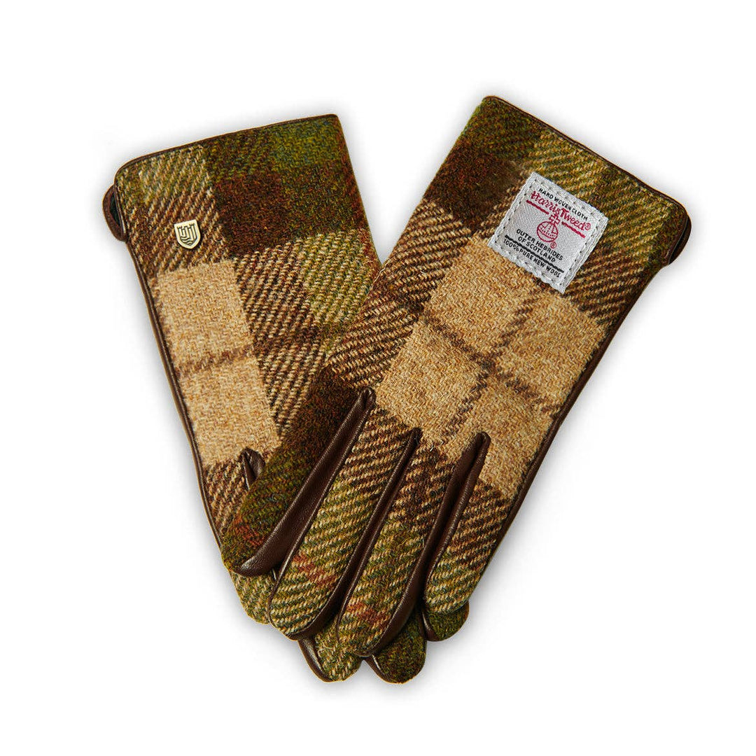 Damehansker med Harris Tweed® og ekte skinn - Rutete