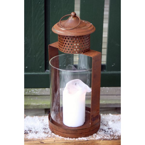 Lykt i rustfinish med stormglass - Stor modell