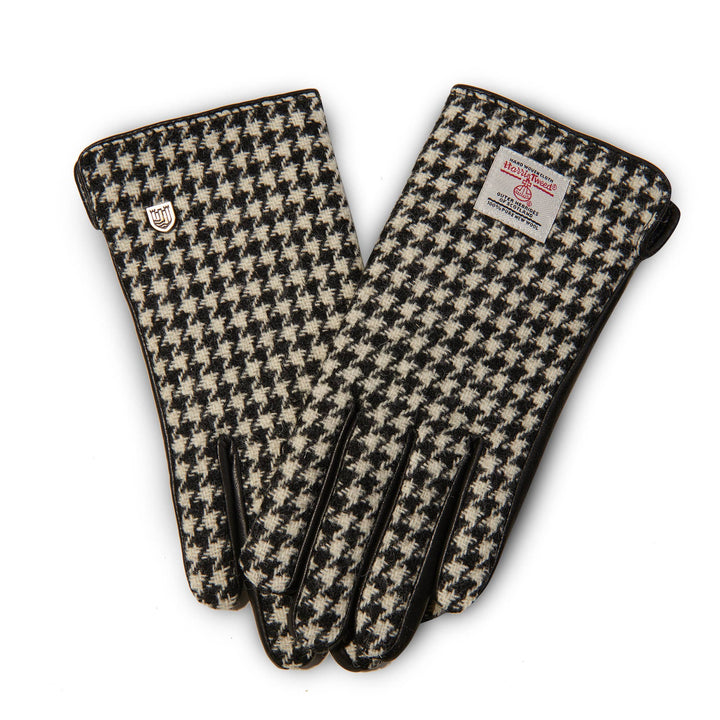 Damehansker med Harris Tweed® og ekte skinn - Svart & Hvitt
