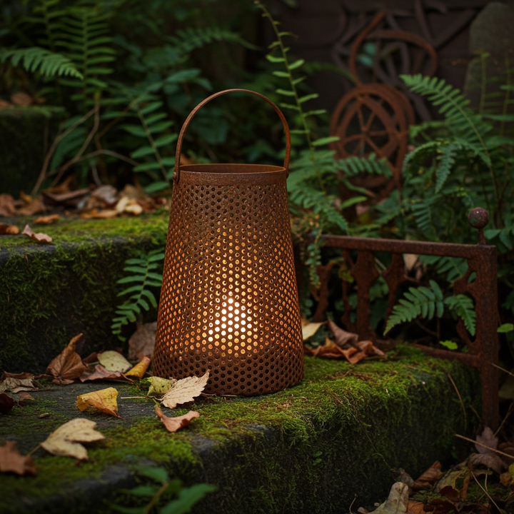 Lyslykt i rustet metall – Ø21xH35 cm