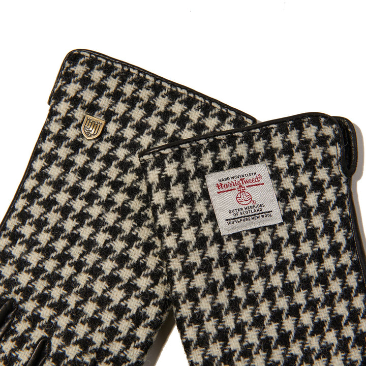 Damehansker med Harris Tweed® og ekte skinn - Svart & Hvitt